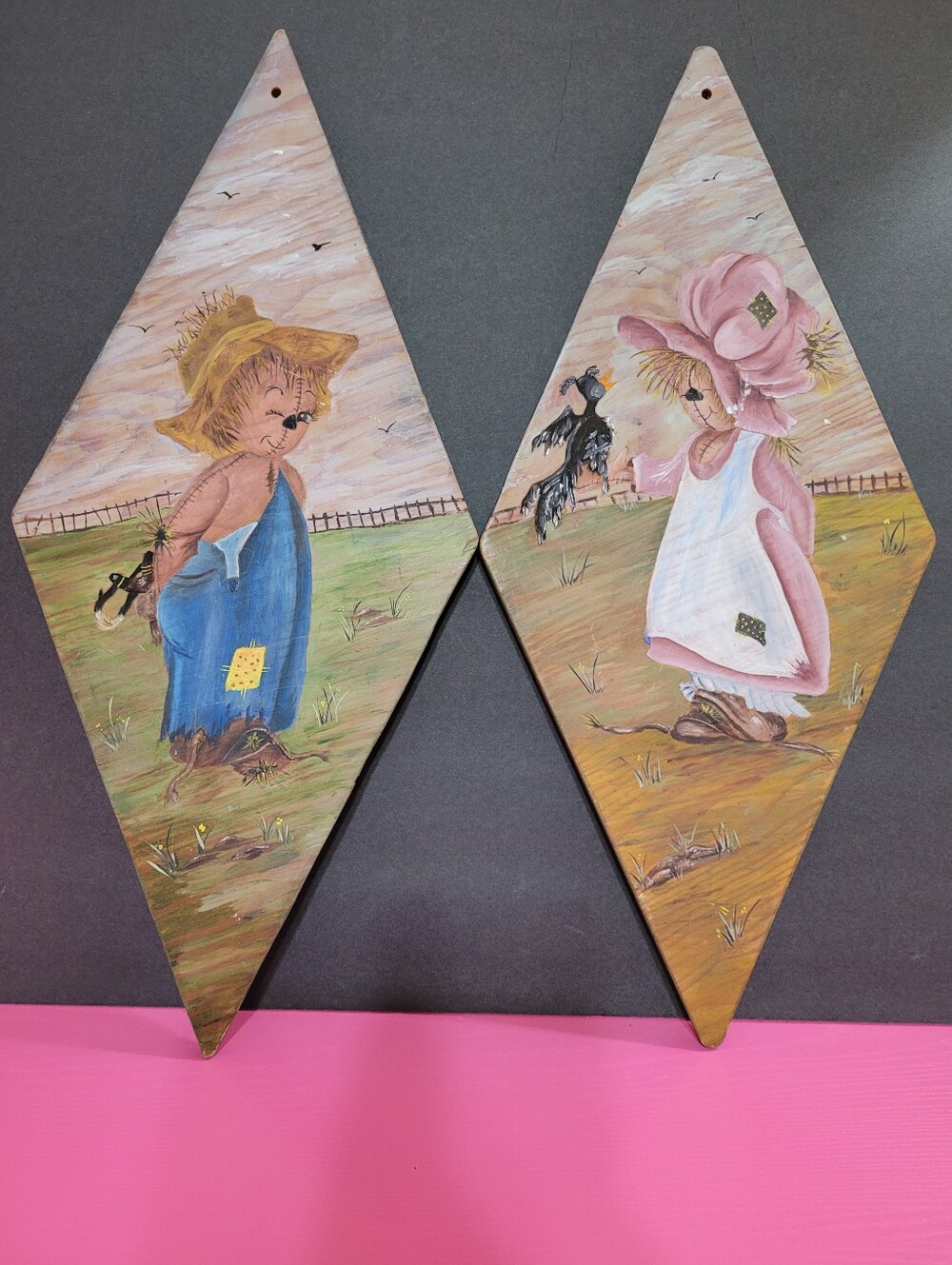 Vintage Hand-Painted Rustic Boy & Girl Scarecrow Wall Hangings (1672)